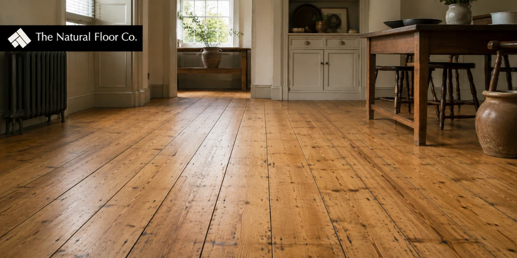 Restored Victorian pine floorboards with natural grain and character in a London period property