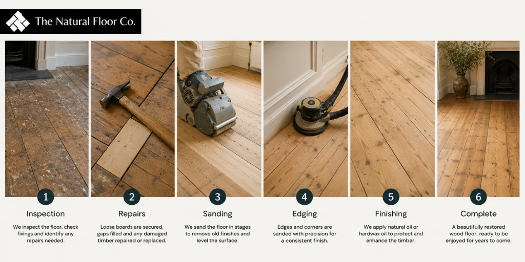 Six-stage Victorian wood floor restoration process including repairs, sanding, edging and finishing