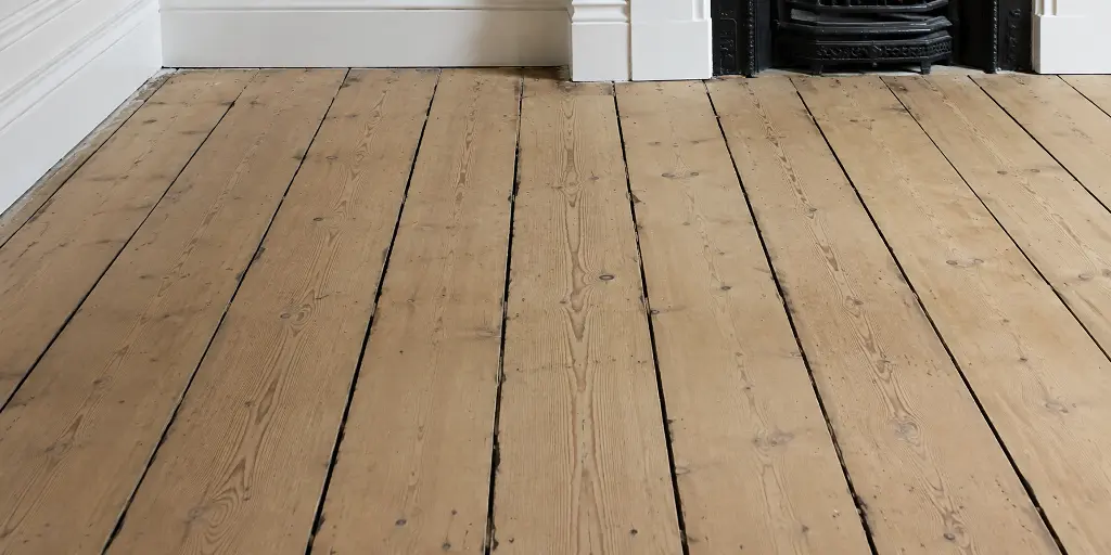 Gaps between original pine floorboards in a London period room before filling