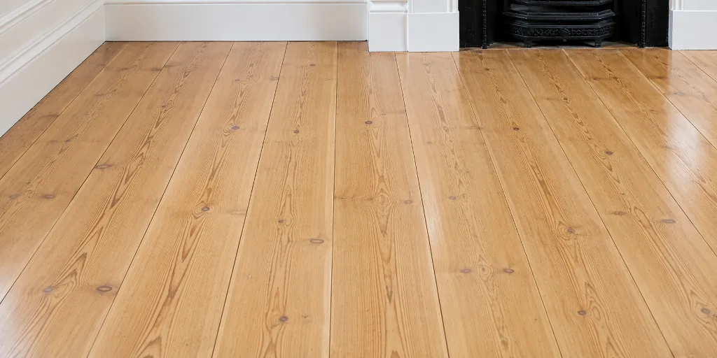 Sanded and sealed pine floorboards with gaps filled flush in a period room