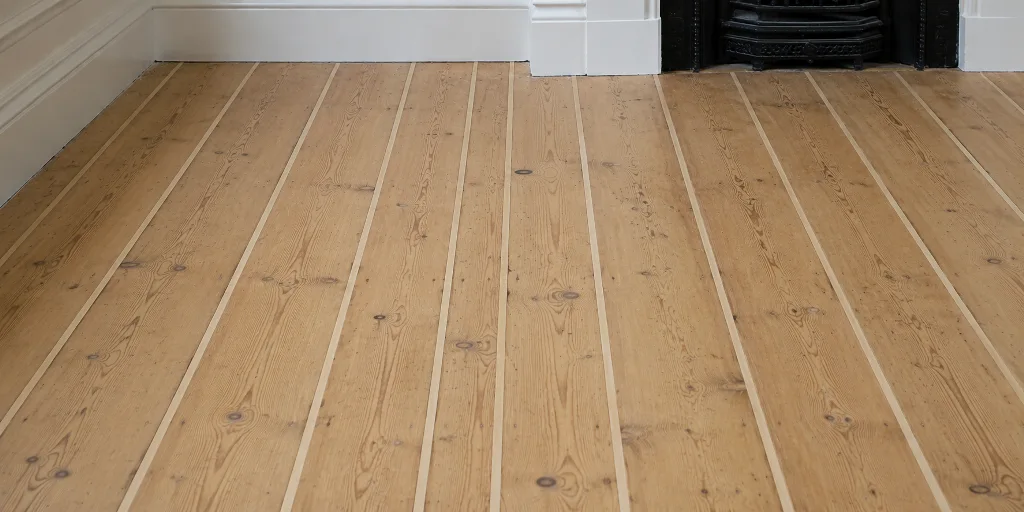 Wooden fillets fitted between original pine floorboards before final sanding